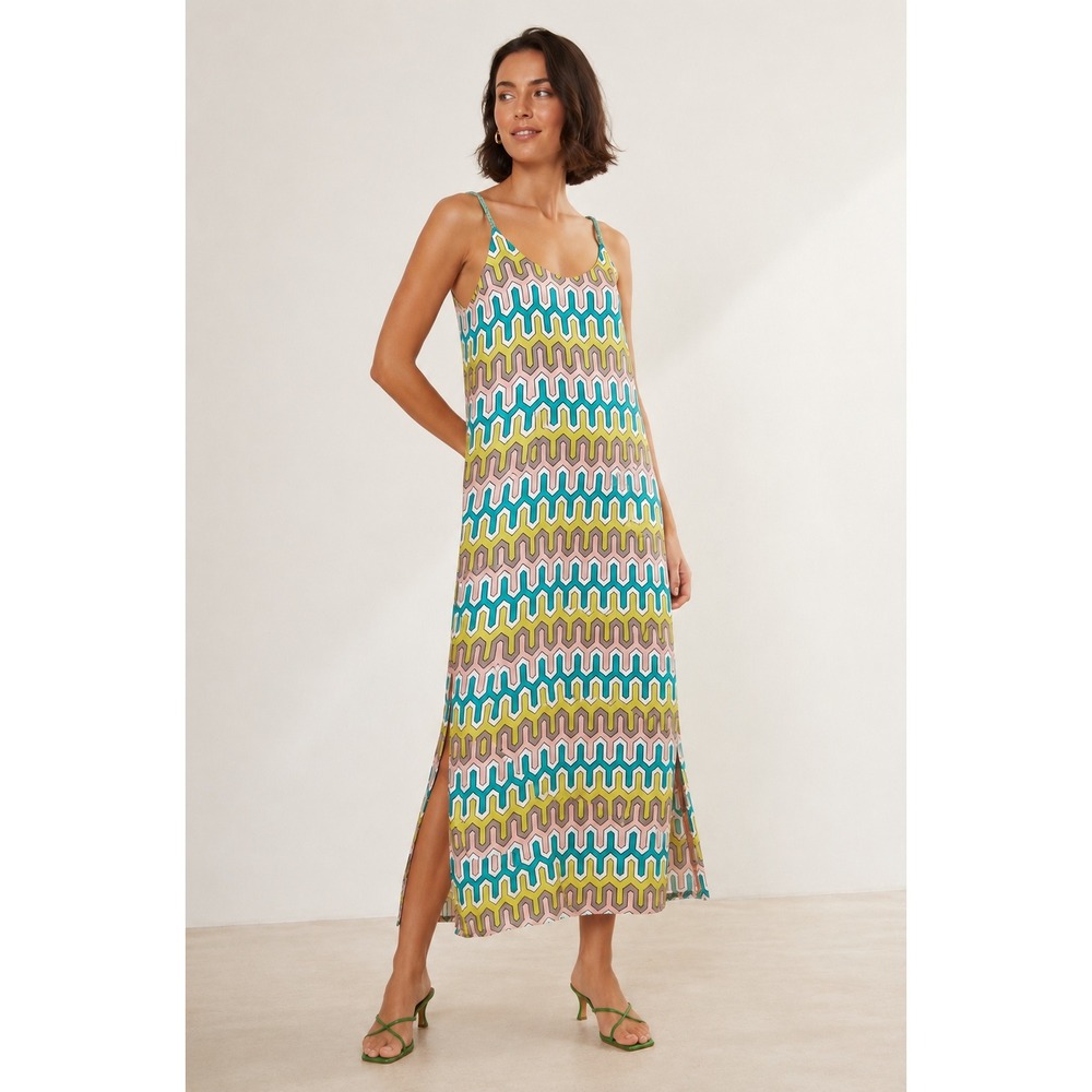 Vilagallo Silk Maxi Slip Dress Geometric Print Multi Color Braided Straps 36